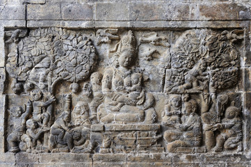 Detail of carved relief at Prambanan. Java, Indonesia
