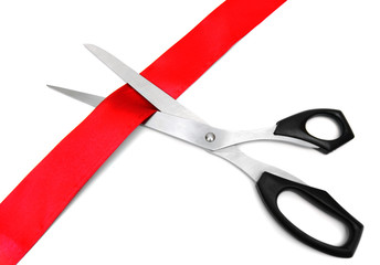 Scissors and red tape. On a white background.