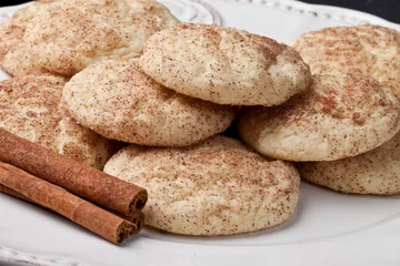 Fotobehang Platter of fresh from the oven cinnamon sugar Snickerdoodle cookies on a vintage plate © VezzaniPhotography