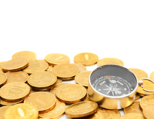 Gold coins and compass.
