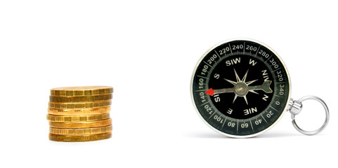 Compass and gold coins. On a white background.