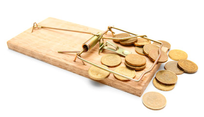 Mousetrap and gold coins. On a white background.