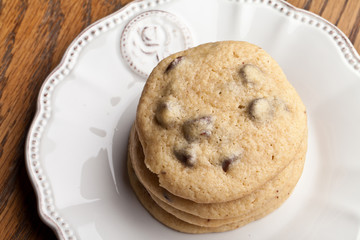 Aerial shot of stack of chocolate chip cookies