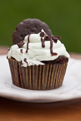 Delicious chocolate mint cupcake with miniature chocolate chips sprinkled on top topped with a chocolate mint cookie on a wooden table with a green grass background