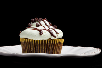 Delicious chocolate mint cupcake with miniature chocolate chips sprinkled on top on a vintage antique plate and black background