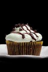 Delicious chocolate mint cupcake with miniature chocolate chips sprinkled on top on a vintage antique china plate on a black background