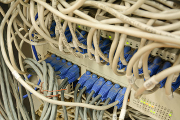 mess ethernet cables connected to computer  internet server