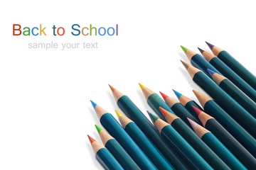 Naklejka premium Many colored wooden pencils & text on white