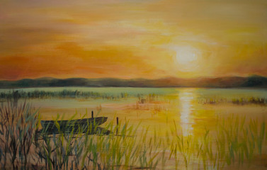 Fototapeta na wymiar Sunset lake.Acrylic