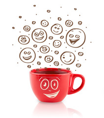 Coffee-cup with brown hand drawn happy smiley faces