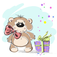 Nice little bear cub and a gift. Vector illustration.