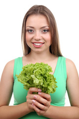 Beautiful girl with fresh lettuce, isolated on white