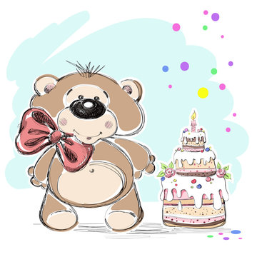 Nice little bear and cake. Vector illustration.