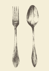 Cutlery - poon and fork vintage engraved retro style