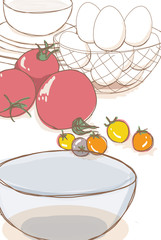 料理／トマトと食器と卵のイラスト