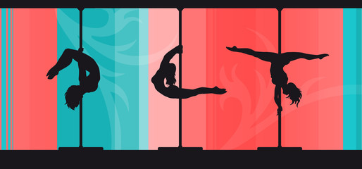 Silhouettes of pole dancers on abstract pink and blue background