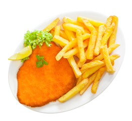 Golden crumbed veal schnitzel with potato chips