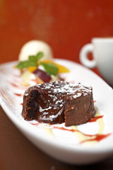 close up chocolate lava cake in natural light