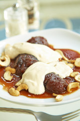 close up banana and sweet sauce in shop