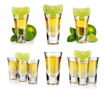 Set of gold tequila shot with lime fruits isolated