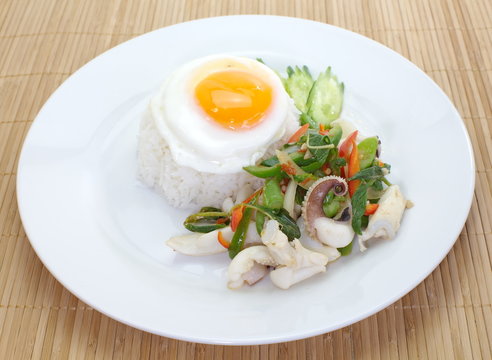 Basil fried rice with seafood , Thai food