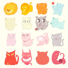 cute cats set, (lions, cats and kittens), vector illustration
