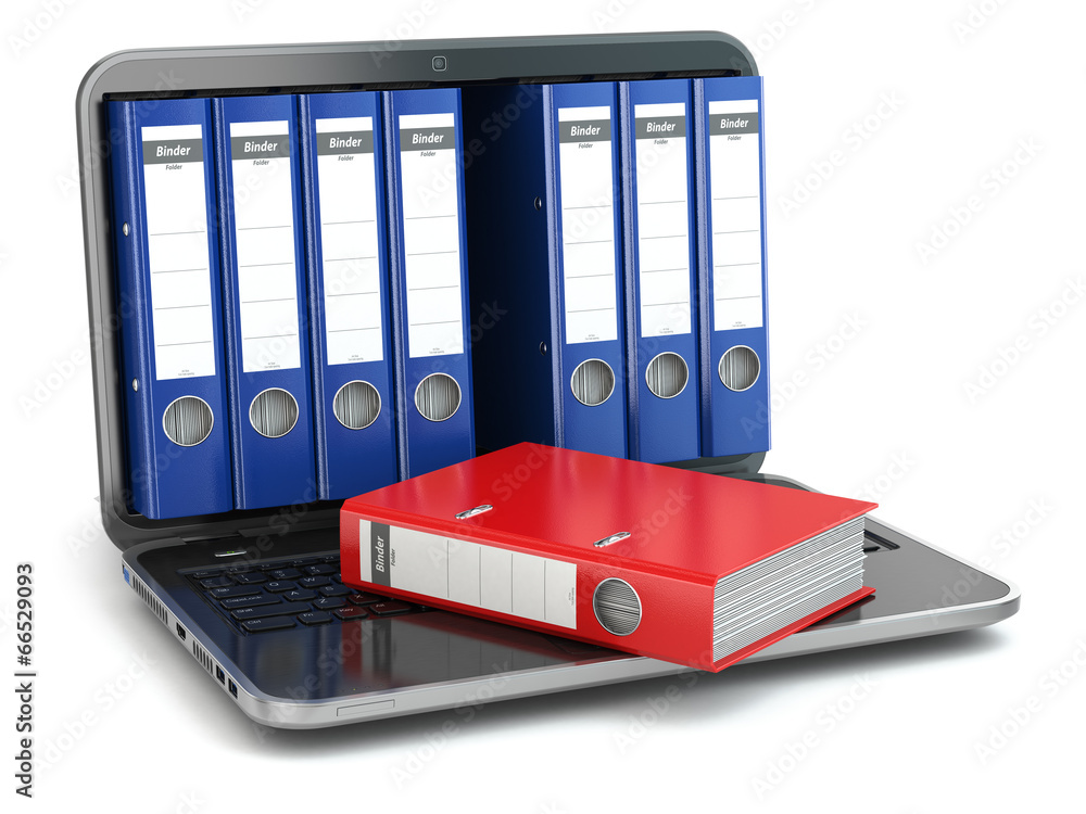 Poster data storage. laptop with file ring binders.