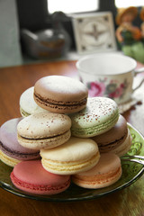 close up many macaroon in coffee shop