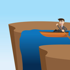 cartoon businessman paddling on waterfall