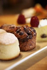 close up choclate cup cake in coffee shop