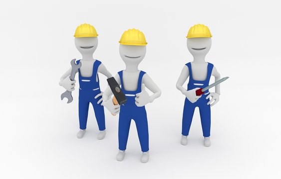 Cartoon illustration of repairmen holding tools