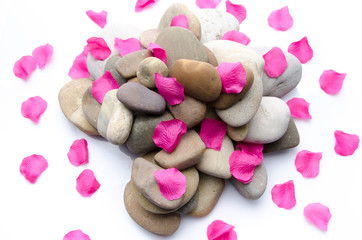 Obraz na płótnie Canvas Pill of pebbles with pink petals