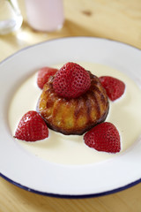 close up custard and strawberry and milk cream