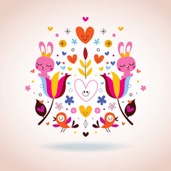 flowers, bunnies, hearts & birds illustration