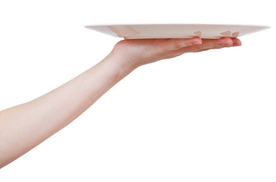 Empty White Plate On Hand Isolated