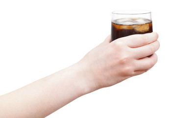 hand holding soft drink with ice in glass
