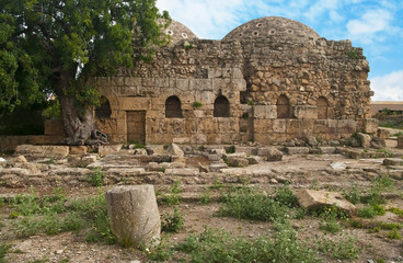 ancient byzantine baths with big tree