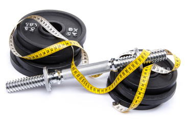 Dumbbell with weights and tape measure
