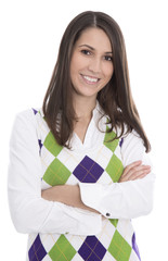 Junge hübsche Frau in kariertem Pullover