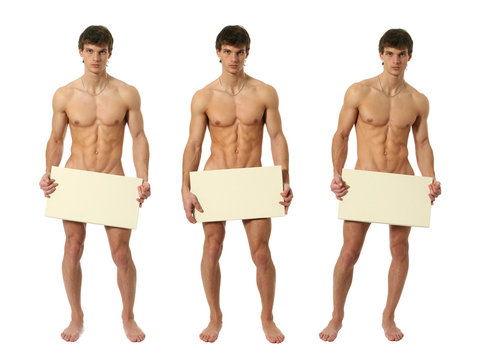 Three Naked Men Covering with a Blank Sign