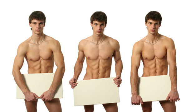 Three Nude Men Covering with a Copy Space Blank Banner