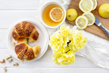 Delicious breakfast. Homemade yeast croissants