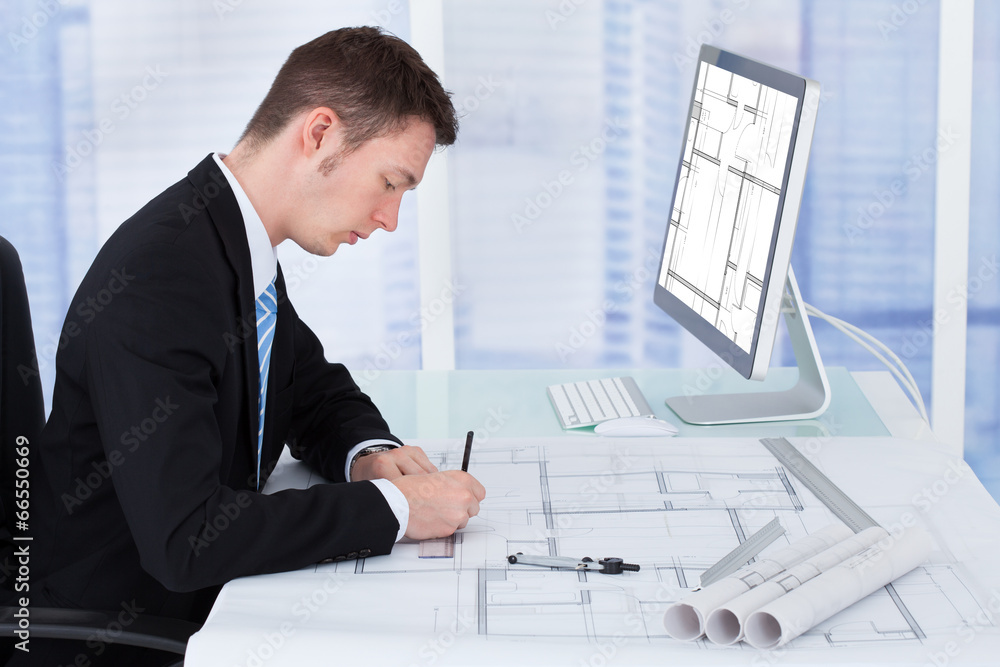 Poster Architect Working On Blueprint At Desk