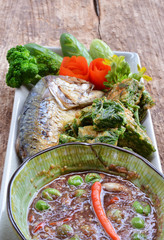Fried Mackerel fish,chili sauce ,and fried vegetable with egg