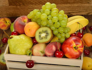 Various fruit in a wooden box
