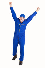 Naklejka premium Confident Cleaner Mopping Over White Background