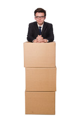 Funny man with boxes isolated on white