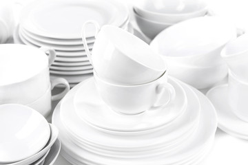 Set of white dishes close-up