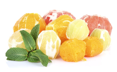 Citrus fruits without skin, isolated on white