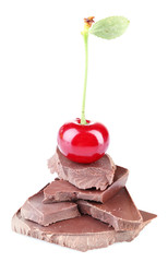 Cherry and chopped chocolate isolated on white